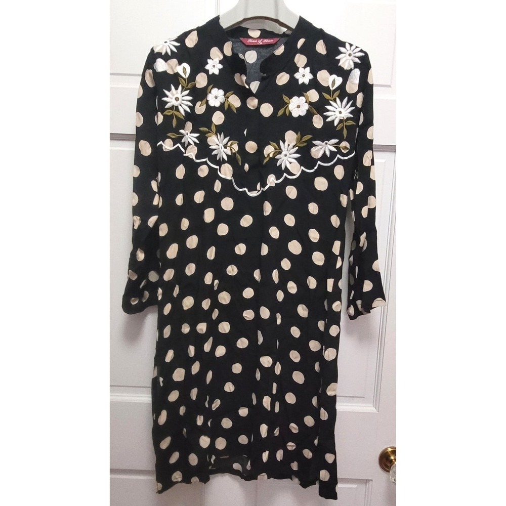House of Khans Crepe Polka Dot Embroidered Floral Kameez Top - Black - Sz 38